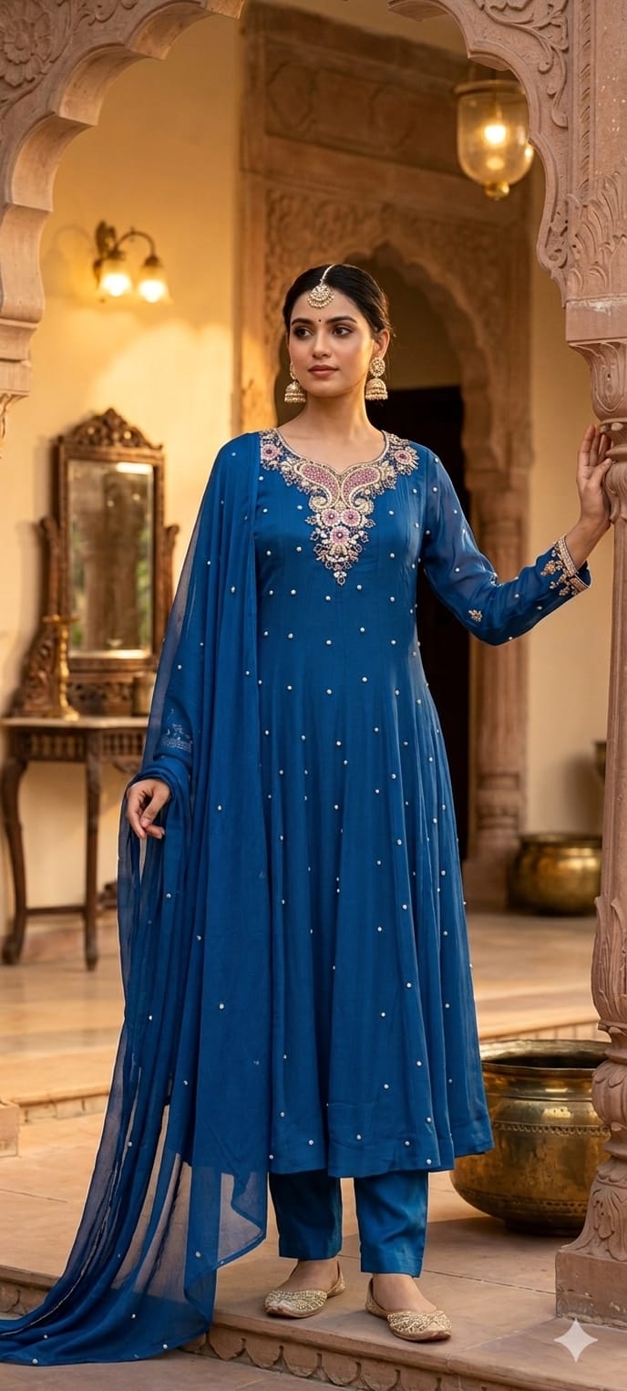 Elegant Chinon Anarkali Suit Set with Heavy Handwork Embroidered Neckline Full Suit 14018 W44