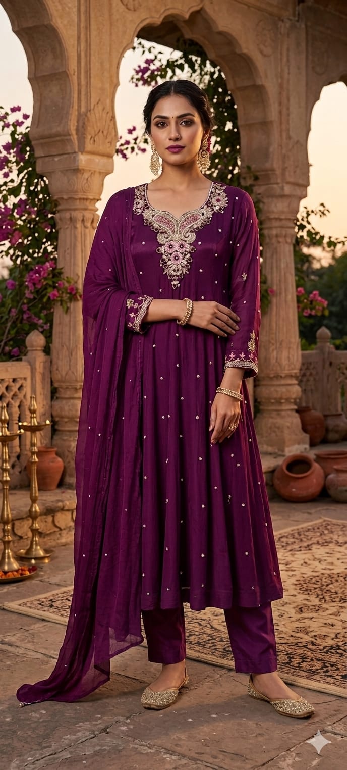 Elegant Chinon Anarkali Suit Set with Heavy Handwork Embroidered Neckline Full Suit 14018 W44