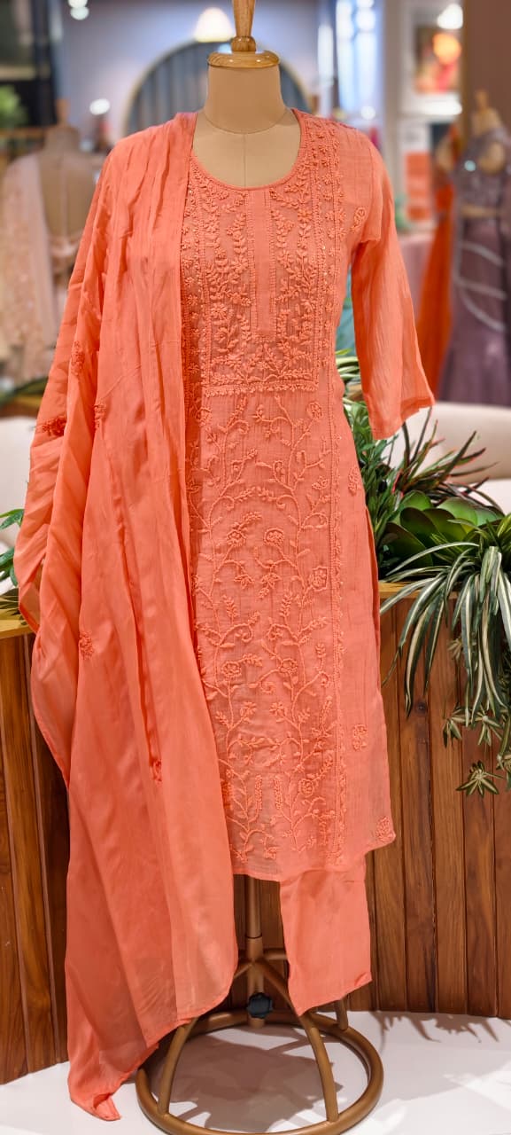 Premium Crush Mul Chanderi Fabric Straight Cut Full Suit Set with Thread Embroidery 14084 W60