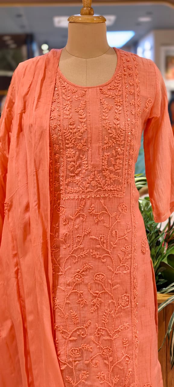 Premium Crush Mul Chanderi Fabric Straight Cut Full Suit Set with Thread Embroidery 14084 W60