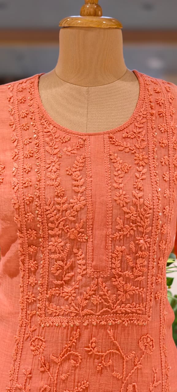 Premium Crush Mul Chanderi Fabric Straight Cut Full Suit Set with Thread Embroidery 14084 W60