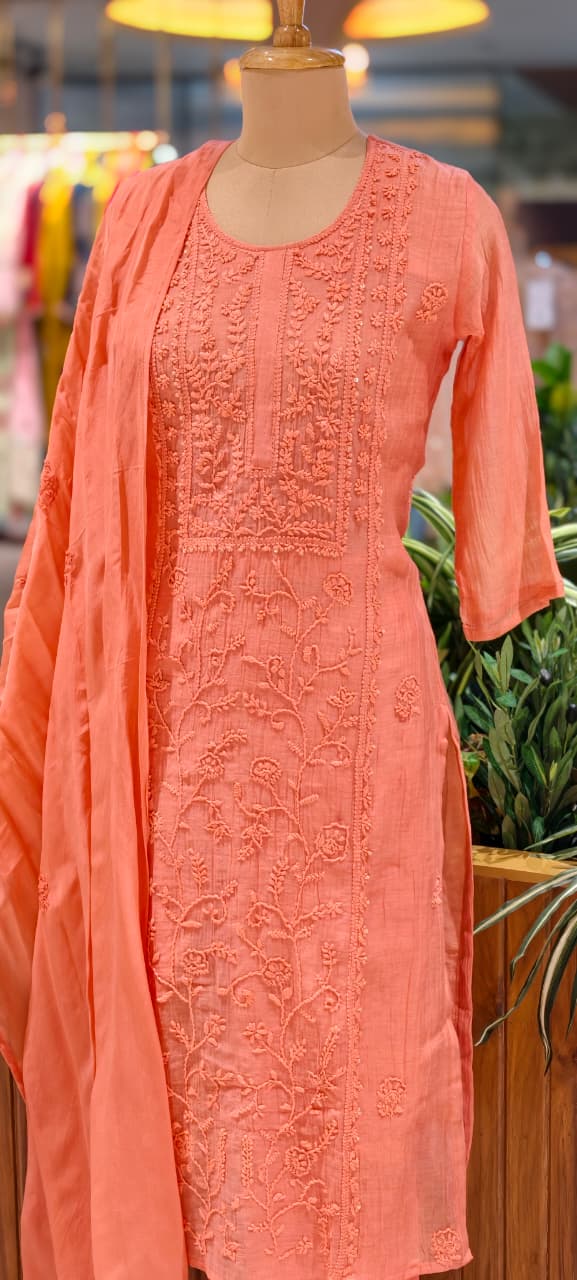 Premium Crush Mul Chanderi Fabric Straight Cut Full Suit Set with Thread Embroidery 14084 W60