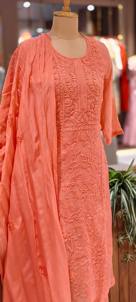 Premium Crush Mul Chanderi Fabric Straight Cut Full Suit Set with Thread Embroidery 14084 W60