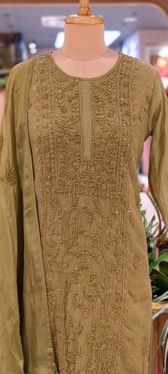 Premium Crush Mul Chanderi Fabric Straight Cut Full Suit Set with Thread Embroidery 14084 W60