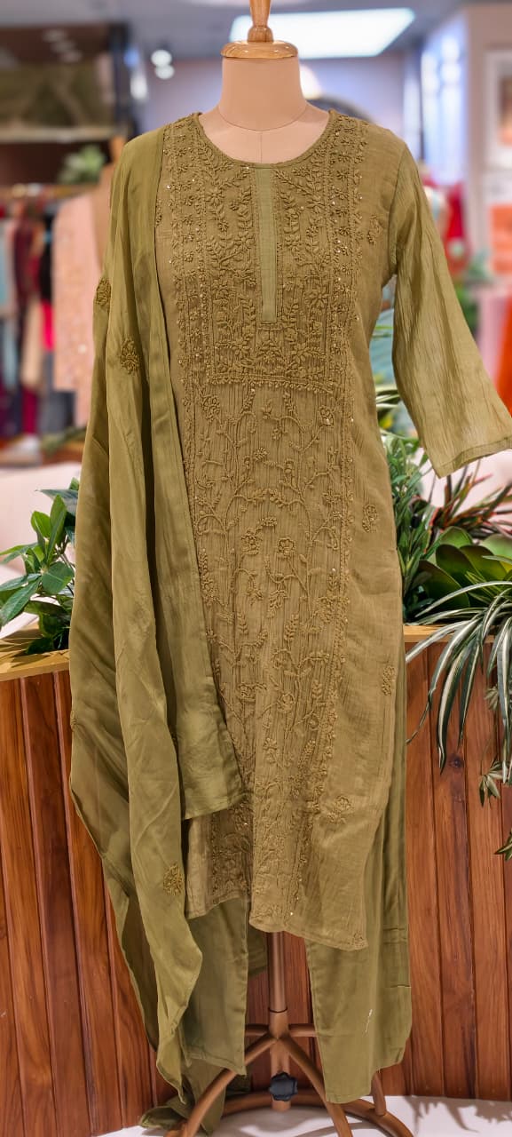 Premium Crush Mul Chanderi Fabric Straight Cut Full Suit Set with Thread Embroidery 14084 W60