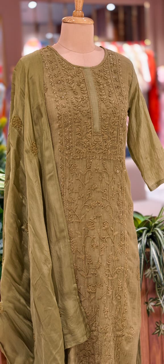 Premium Crush Mul Chanderi Fabric Straight Cut Full Suit Set with Thread Embroidery 14084 W60