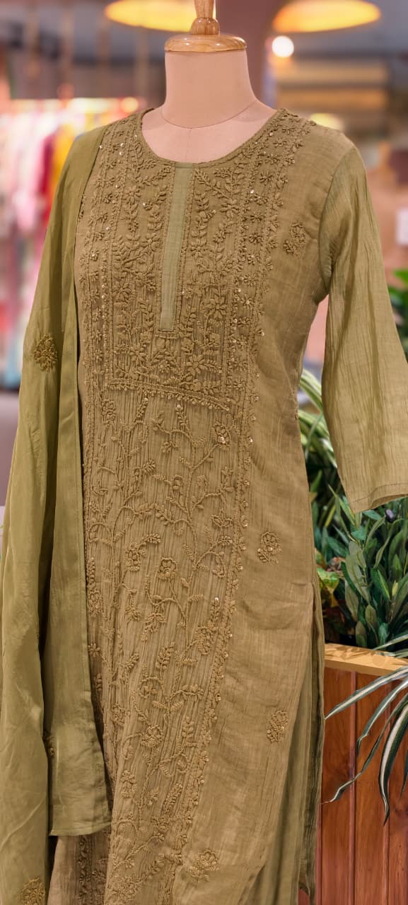 Premium Crush Mul Chanderi Fabric Straight Cut Full Suit Set with Thread Embroidery 14084 W60