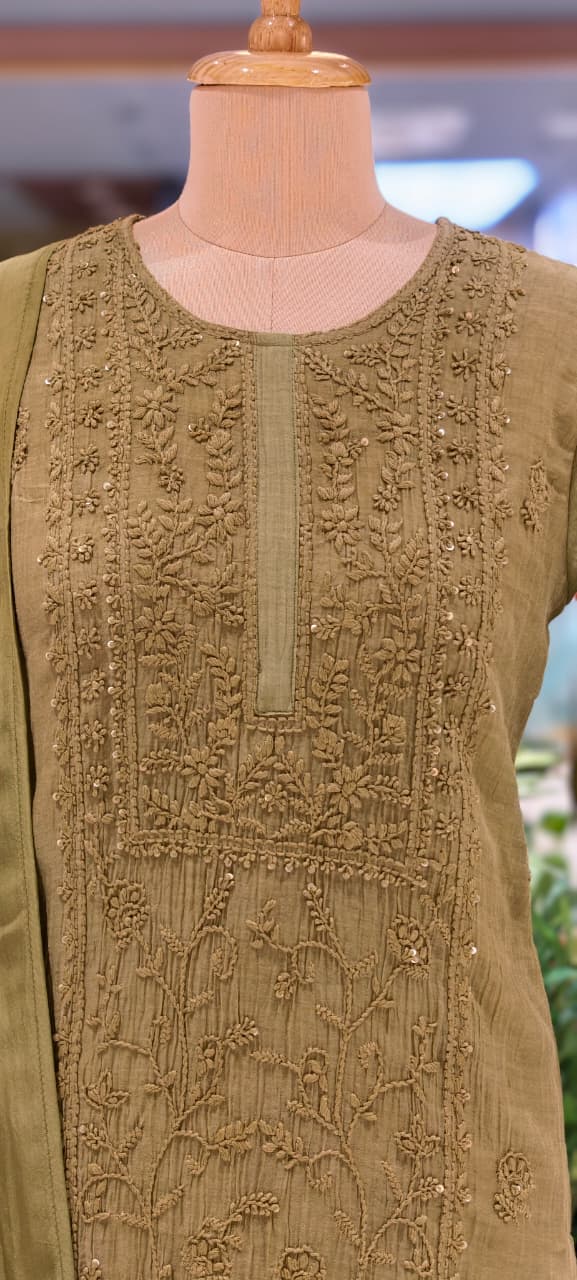 Premium Crush Mul Chanderi Fabric Straight Cut Full Suit Set with Thread Embroidery 14084 W60