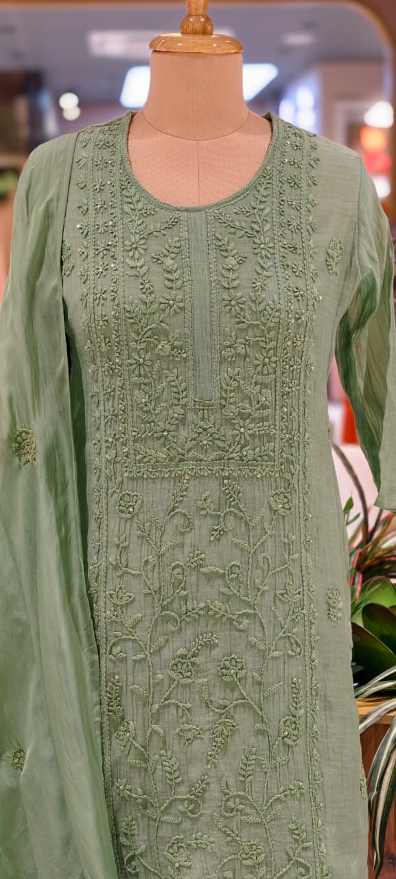 Premium Crush Mul Chanderi Fabric Straight Cut Full Suit Set with Thread Embroidery 14084 W60