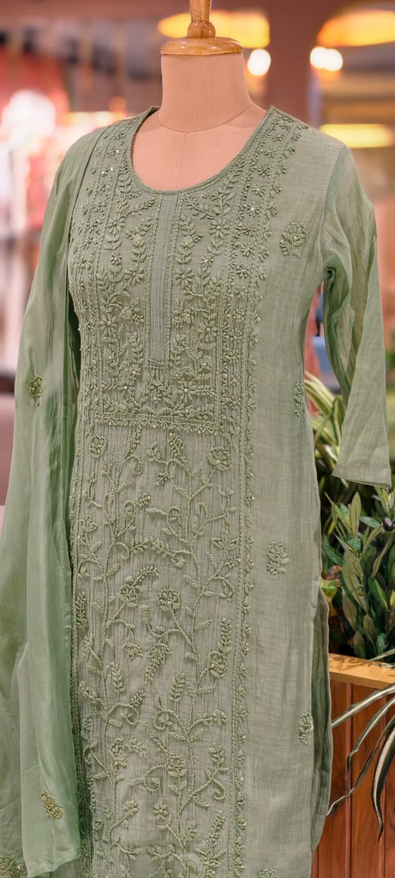 Premium Crush Mul Chanderi Fabric Straight Cut Full Suit Set with Thread Embroidery 14084 W60