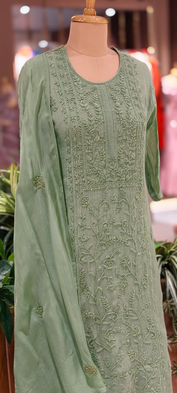 Premium Crush Mul Chanderi Fabric Straight Cut Full Suit Set with Thread Embroidery 14084 W60