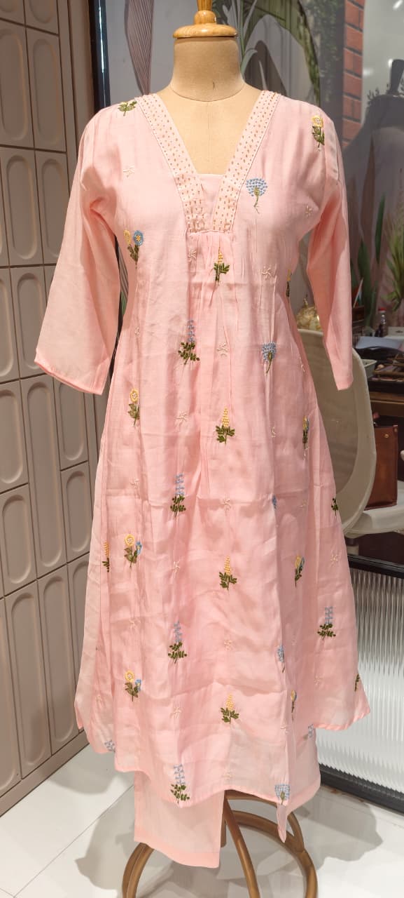 Tiny Pearl Neckline Elegant Floral Embroidery A-Line Full Suit Set With Dupatta In Surat Mul Chanderi Fabric- 13931 W64