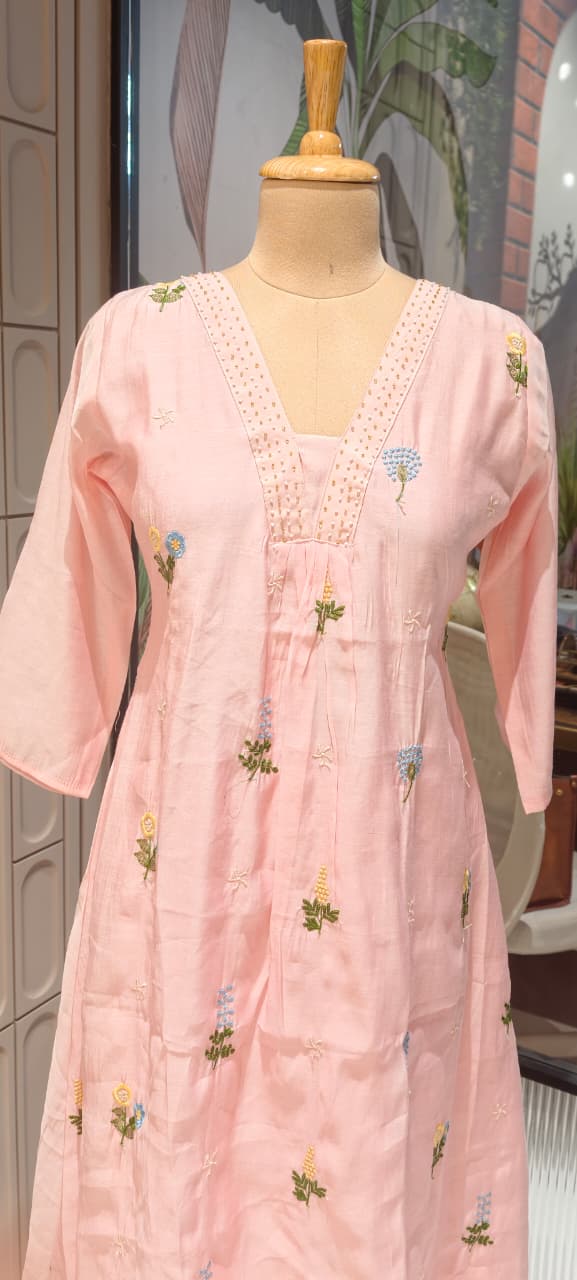 Tiny Pearl Neckline Elegant Floral Embroidery A-Line Full Suit Set With Dupatta In Surat Mul Chanderi Fabric- 13931 W64