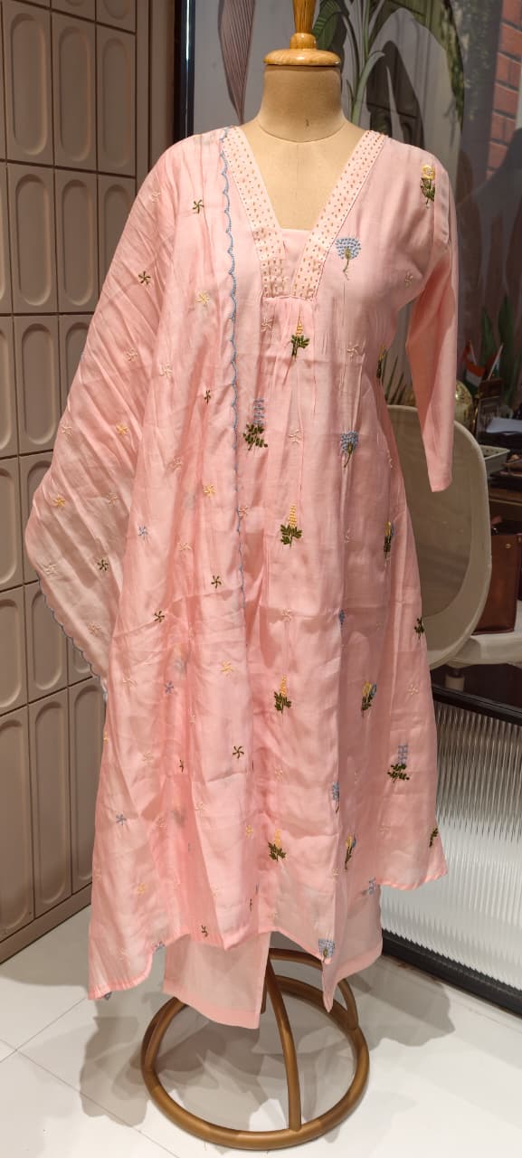 Tiny Pearl Neckline Elegant Floral Embroidery A-Line Full Suit Set With Dupatta In Surat Mul Chanderi Fabric- 13931 W64