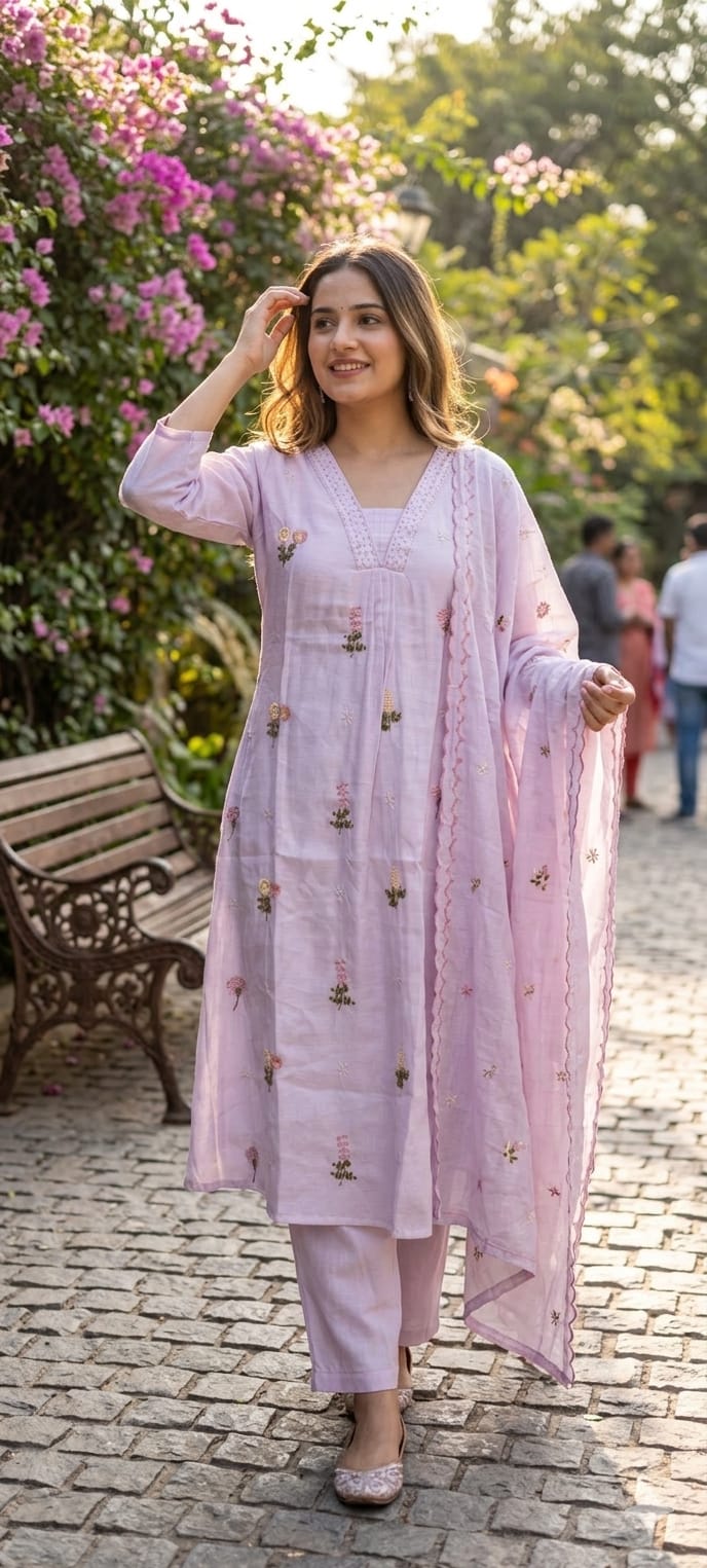 Tiny Pearl Neckline Elegant Floral Embroidery A-Line Full Suit Set With Dupatta In Surat Mul Chanderi Fabric- 13931 W64