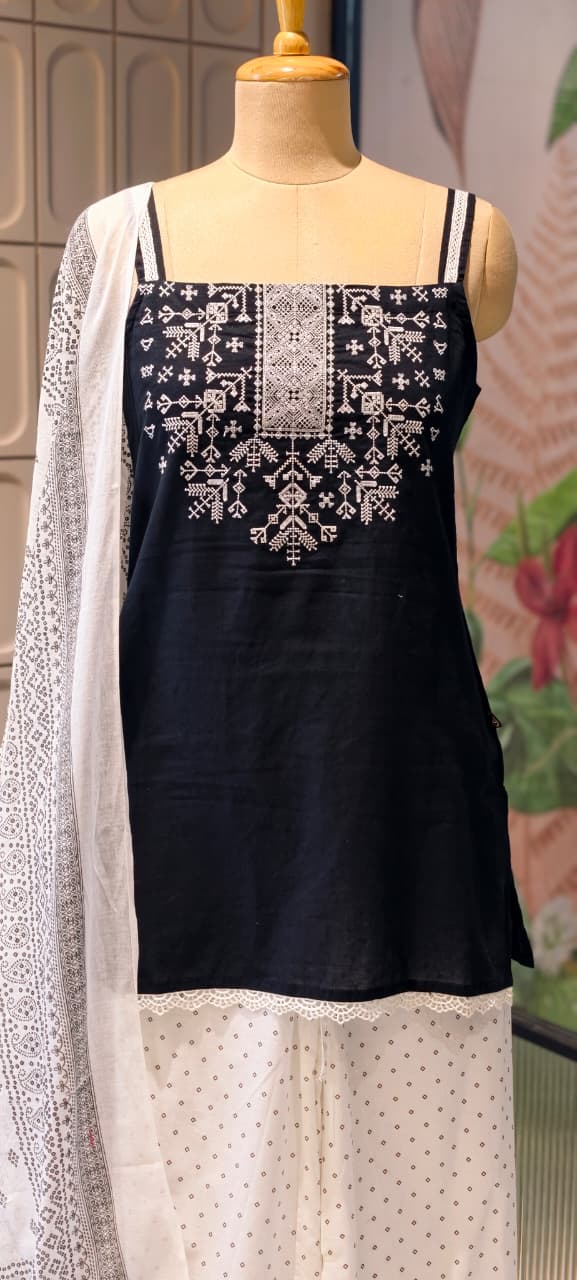Black & White Inspired Stunning Stylish Sleeveless Full Suit Set With Dupatta & Loose Bottom- 13982 W56