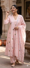 Tiny Pearl Neckline Elegant Floral Embroidery A-Line Full Suit Set With Dupatta In Surat Mul Chanderi Fabric- 13931 W64