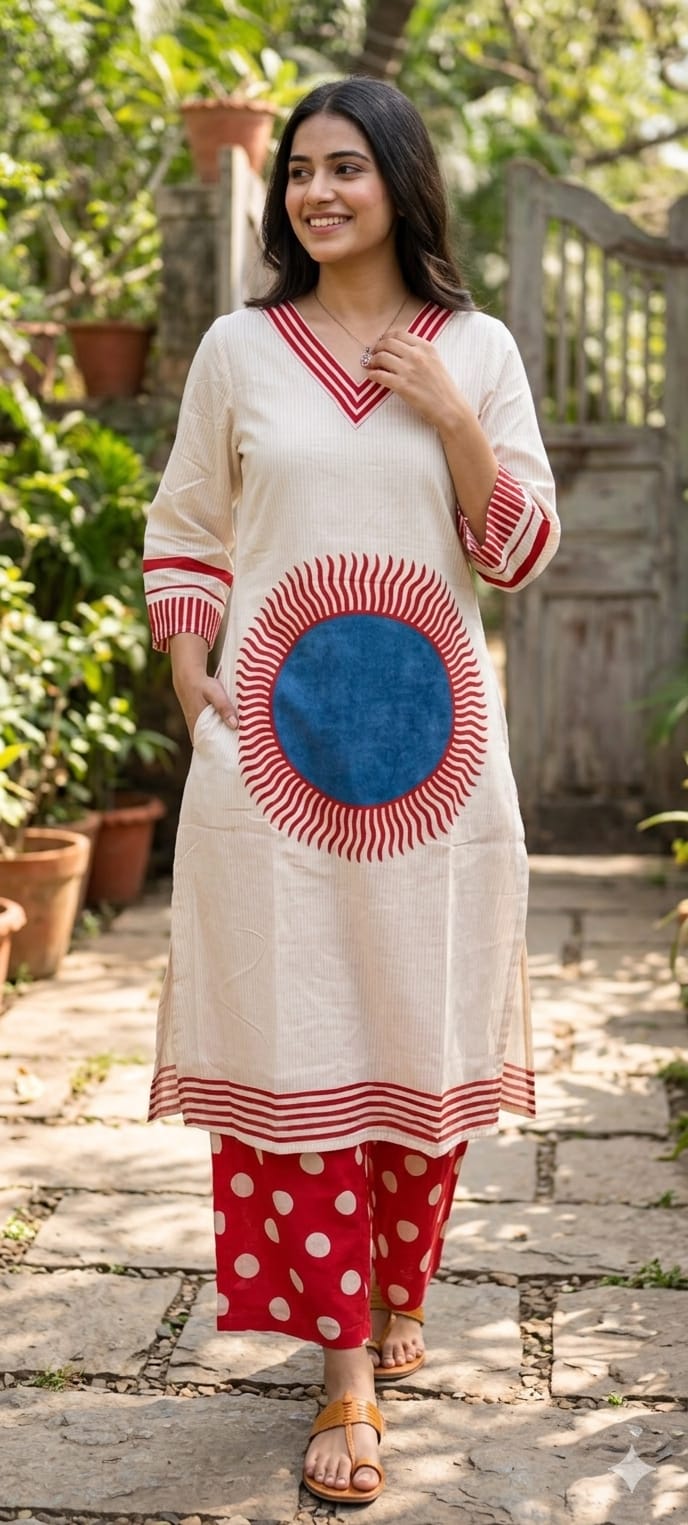 Sun Inspired Printed Kurta With Polka Dotted Pant In Premium Cotton Fabric- 14139 W68