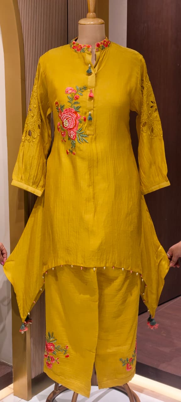 Realistic Floral Resam Embroidery Cut Work Over Sleeve Mul Chanderi High Low Kurta Pant Set- 14240 W120