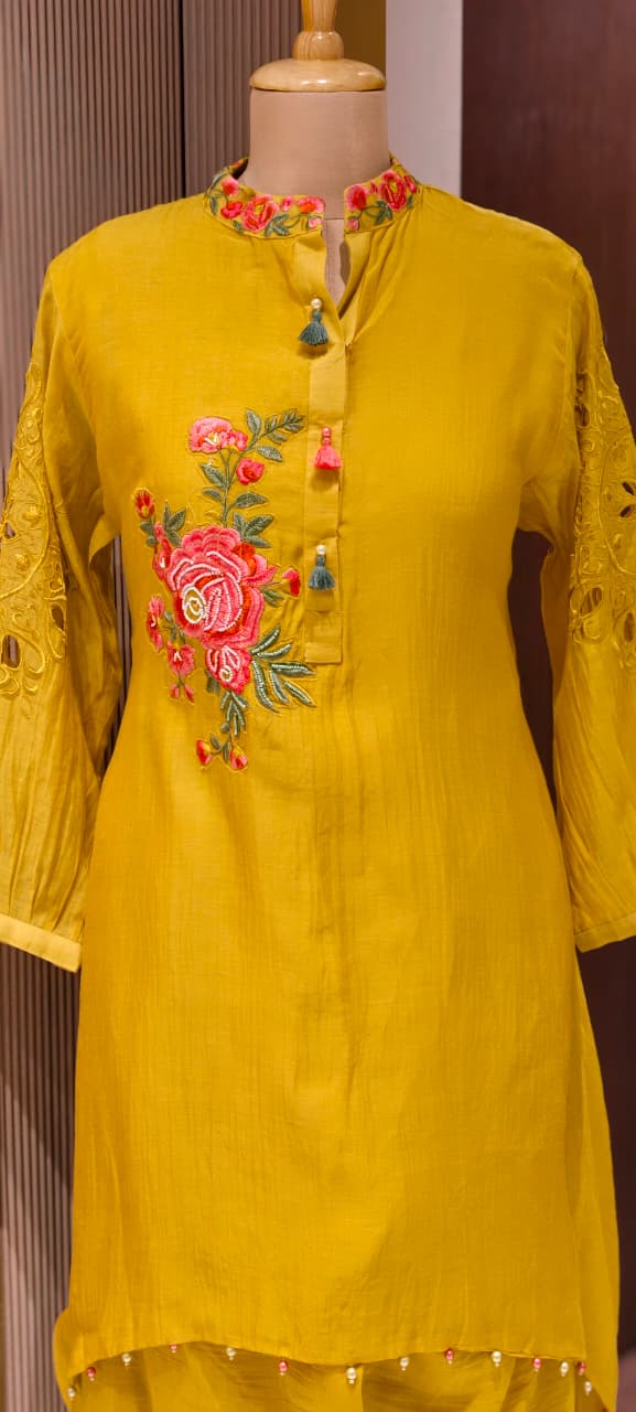 Realistic Floral Resam Embroidery Cut Work Over Sleeve Mul Chanderi High Low Kurta Pant Set- 14240 W120