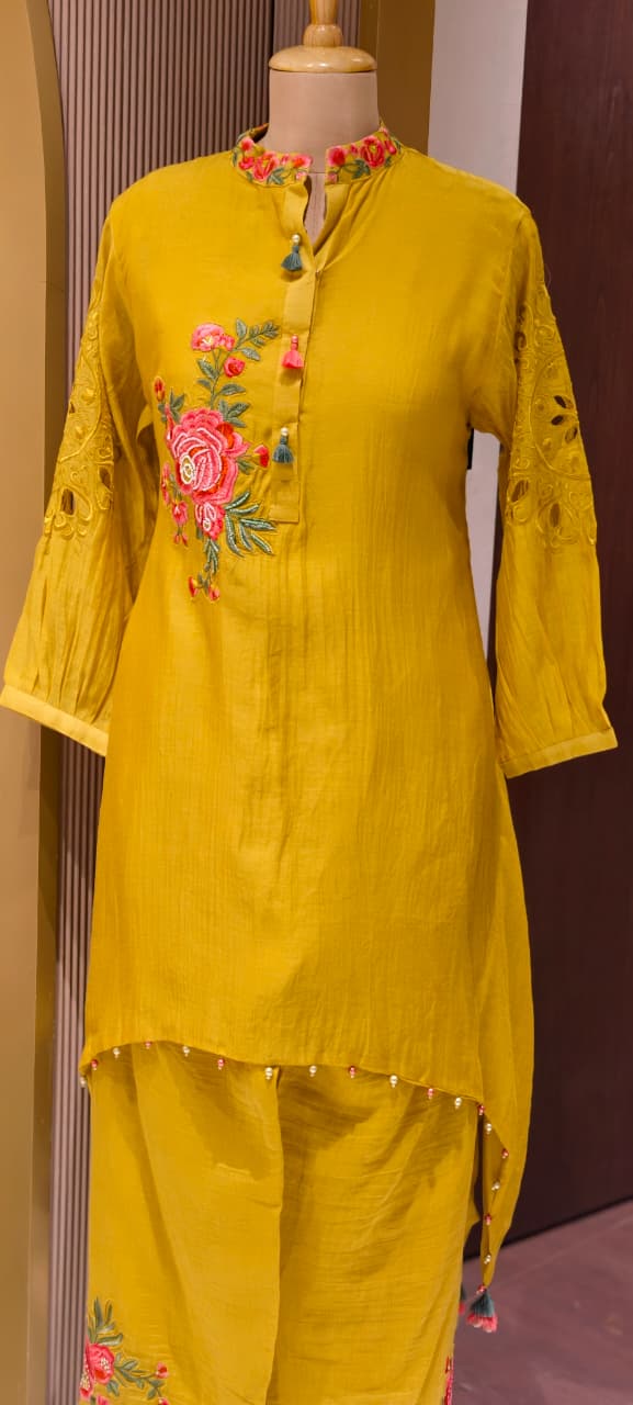Realistic Floral Resam Embroidery Cut Work Over Sleeve Mul Chanderi High Low Kurta Pant Set- 14240 W120