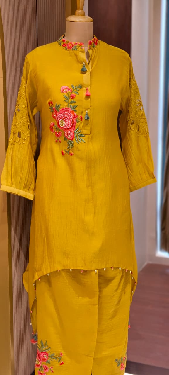 Realistic Floral Resam Embroidery Cut Work Over Sleeve Mul Chanderi High Low Kurta Pant Set- 14240 W120