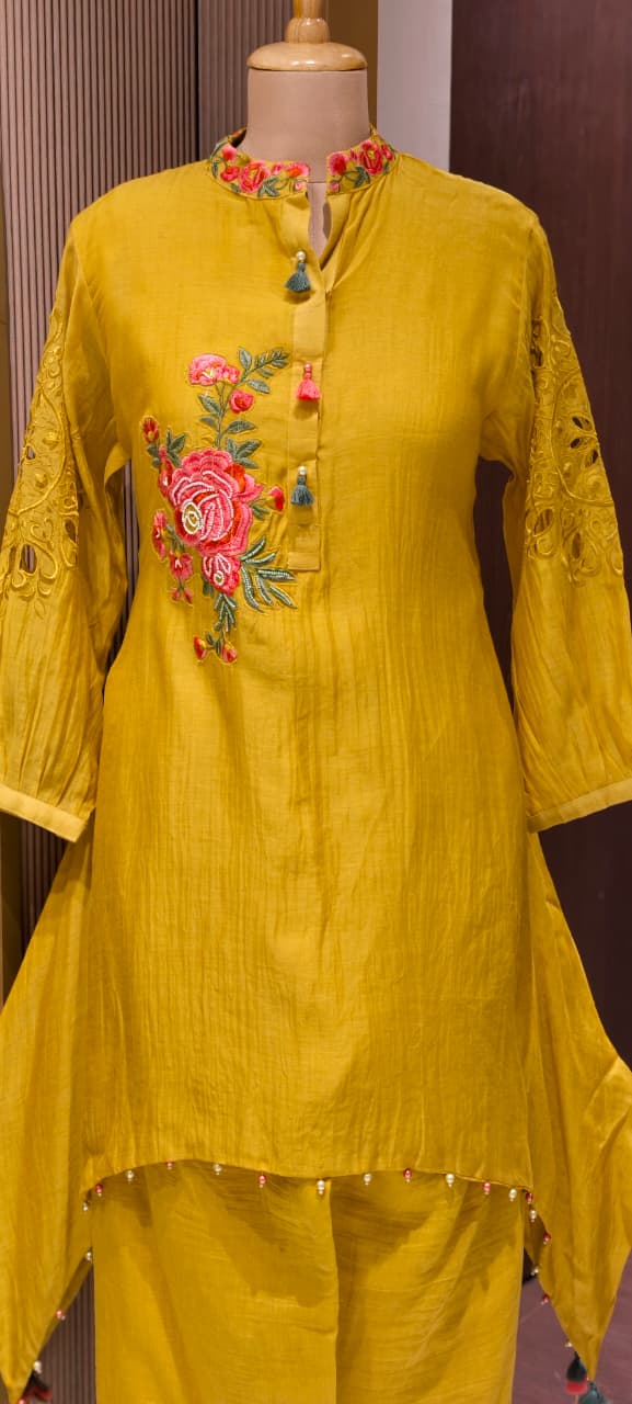 Realistic Floral Resam Embroidery Cut Work Over Sleeve Mul Chanderi High Low Kurta Pant Set- 14240 W120