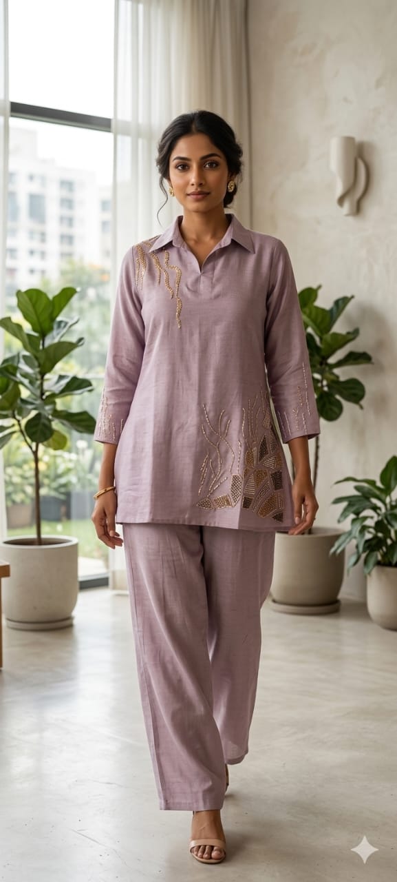 Branch Tail Sequin Scattered Work Solid Stylish Co-Ord Set W109