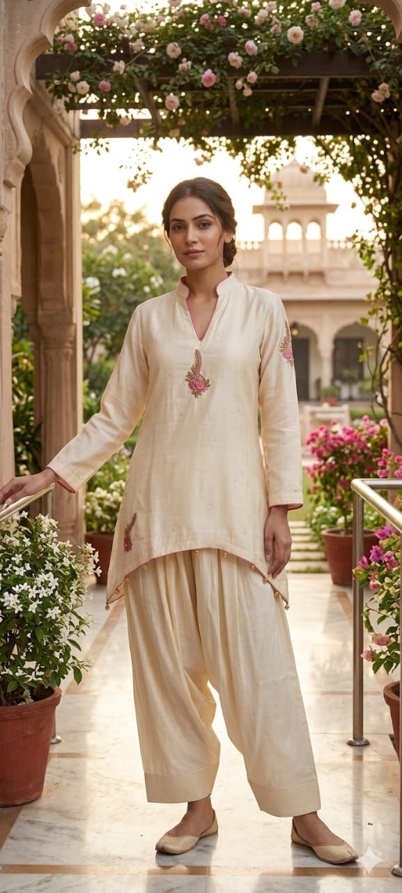 White Sheer Soft Toned Minimal Embroidery Russian Silk High Low Co-Ord Set W117