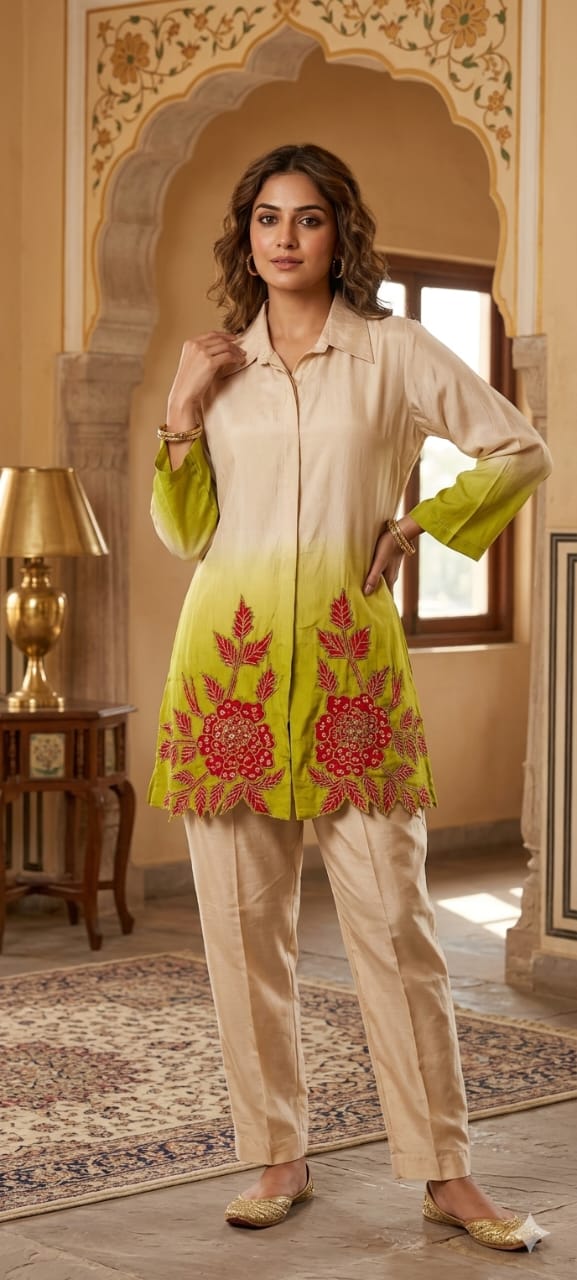 Ombre Shade With Ruby Touch Floral Co-Ord Set In Crepe Fabric-14312 W108