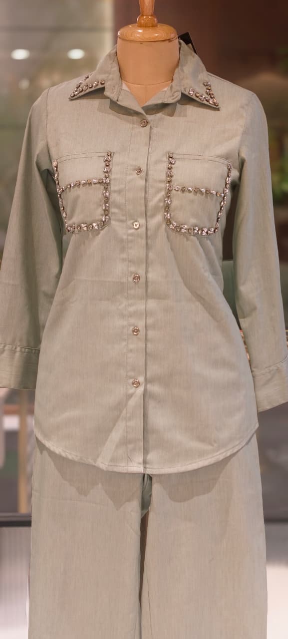 Stylish Beads Stone Work On Shoulder Solid Denim Co-Ord Sets-14339 W131