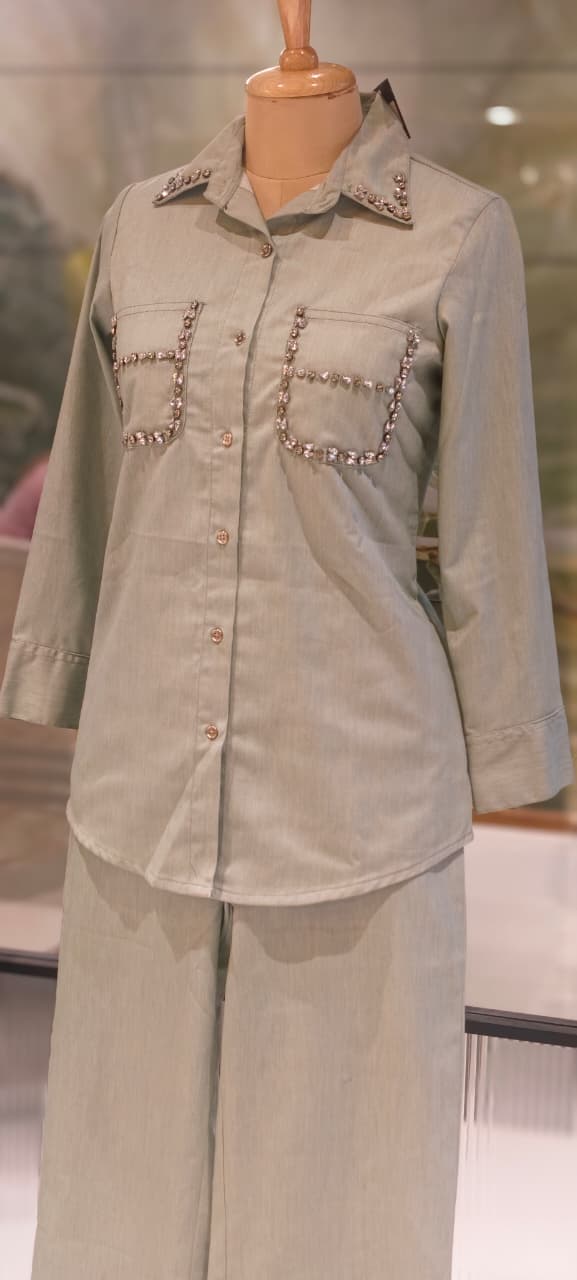 Stylish Beads Stone Work On Shoulder Solid Denim Co-Ord Sets-14339 W131