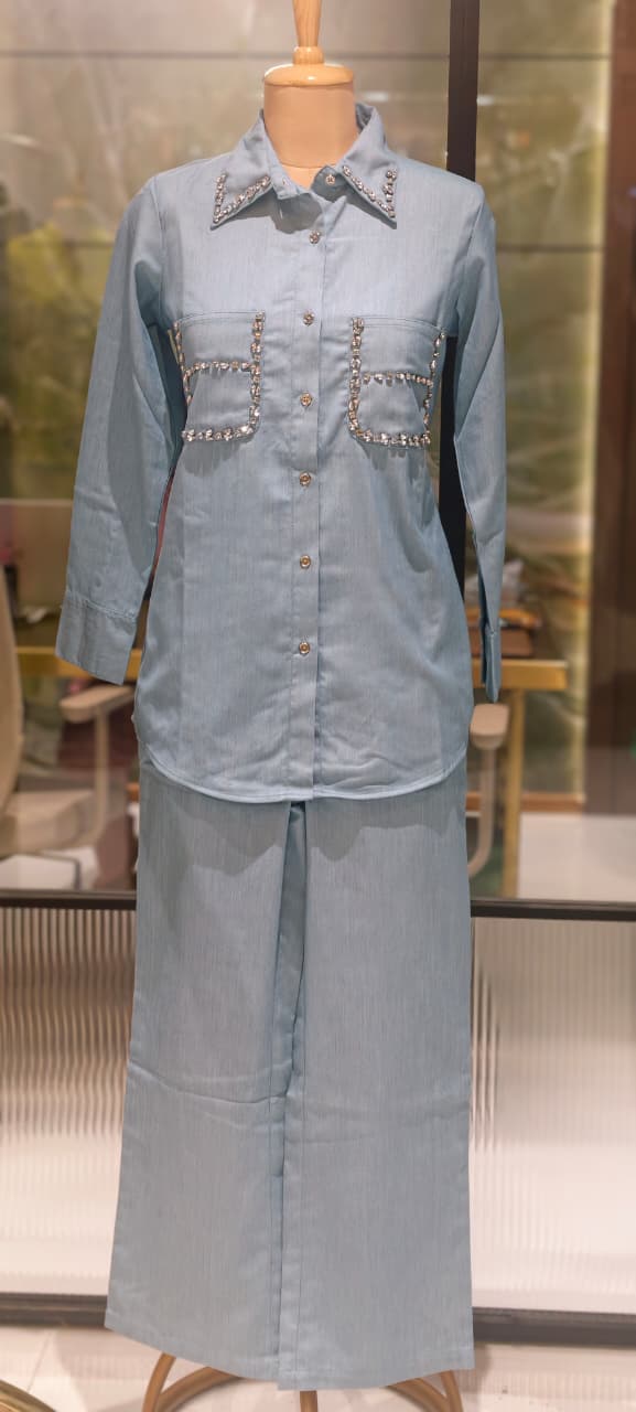 Stylish Beads Stone Work On Shoulder Solid Denim Co-Ord Sets-14339 W131