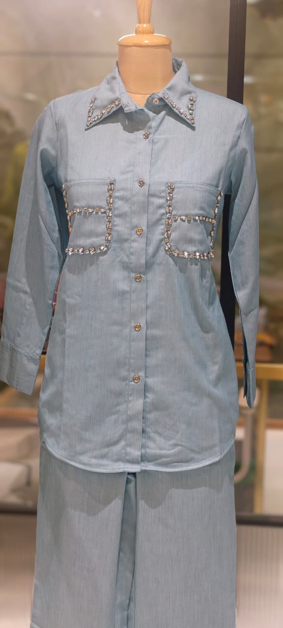 Stylish Beads Stone Work On Shoulder Solid Denim Co-Ord Sets-14339 W131