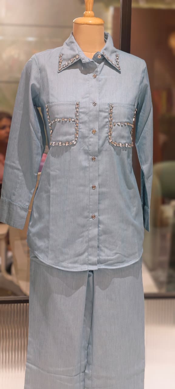 Stylish Beads Stone Work On Shoulder Solid Denim Co-Ord Sets-14339 W131