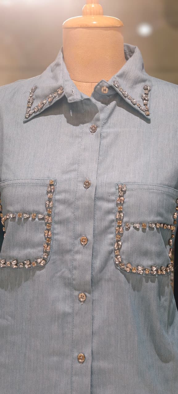 Stylish Beads Stone Work On Shoulder Solid Denim Co-Ord Sets-14339 W131