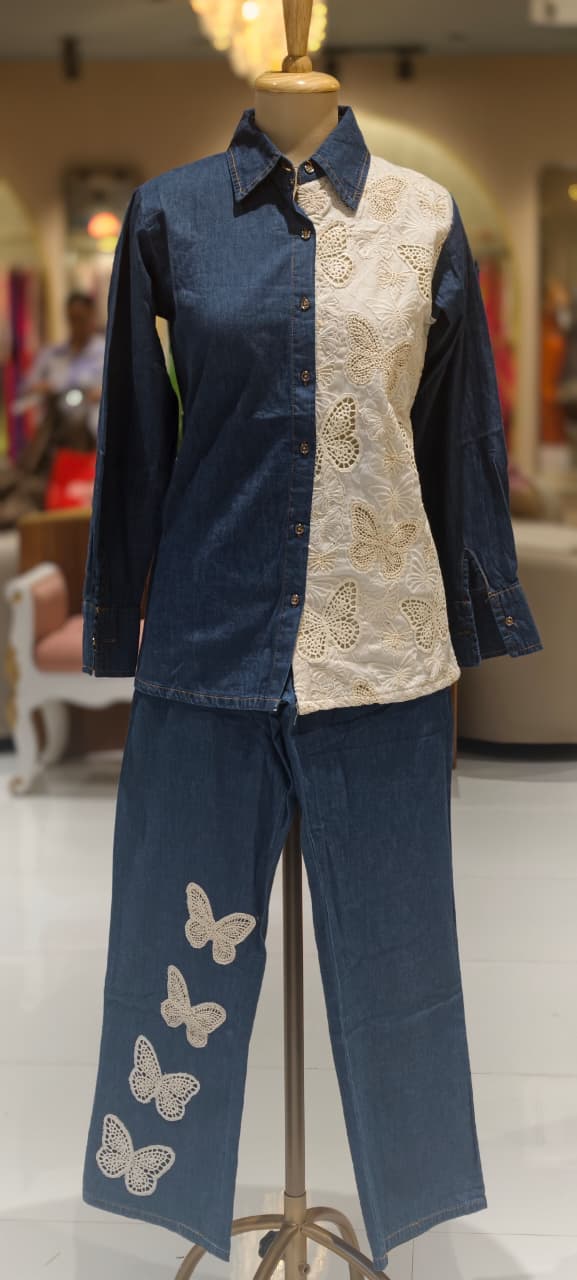 All Over Scattered Butterfly Patch Dual Tone Denim Co-Ord Set-14340 W130