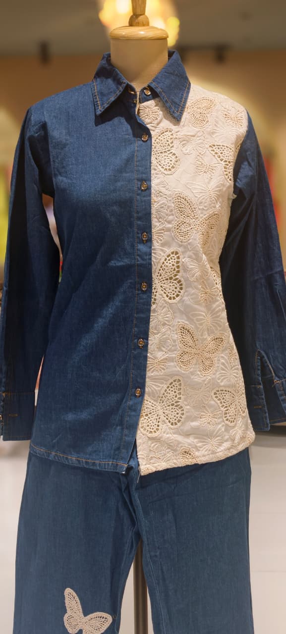 All Over Scattered Butterfly Patch Dual Tone Denim Co-Ord Set-14340 W130