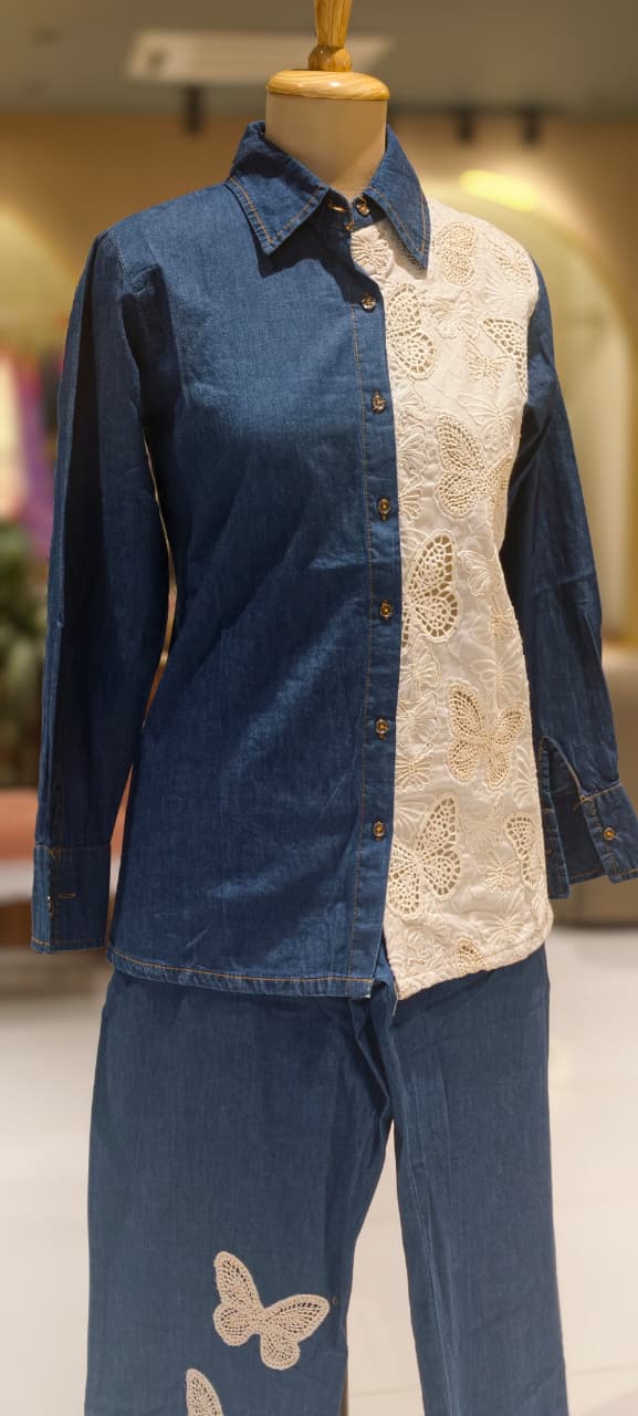 All Over Scattered Butterfly Patch Dual Tone Denim Co-Ord Set-14340 W130