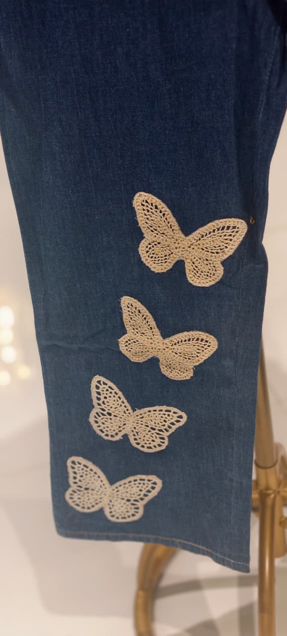 All Over Scattered Butterfly Patch Dual Tone Denim Co-Ord Set-14340 W130