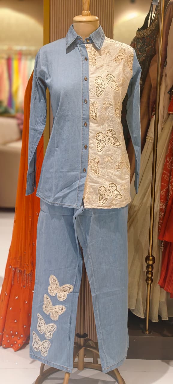 All Over Scattered Butterfly Patch Dual Tone Denim Co-Ord Set-14340 W130