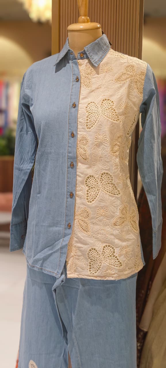 All Over Scattered Butterfly Patch Dual Tone Denim Co-Ord Set-14340 W130