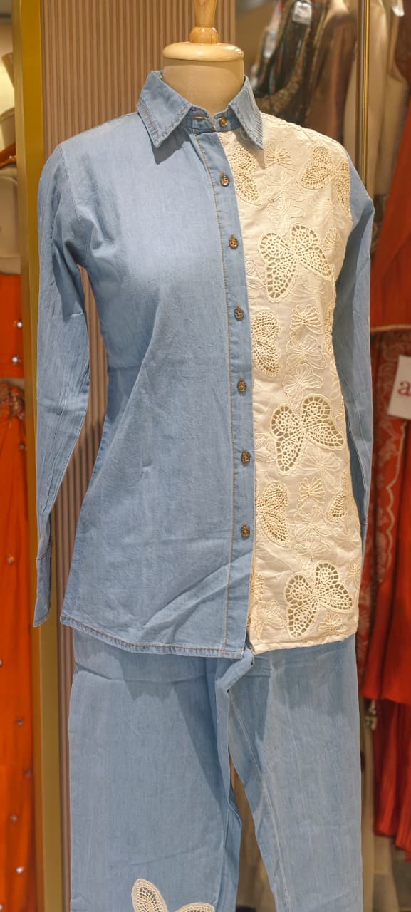 All Over Scattered Butterfly Patch Dual Tone Denim Co-Ord Set-14340 W130