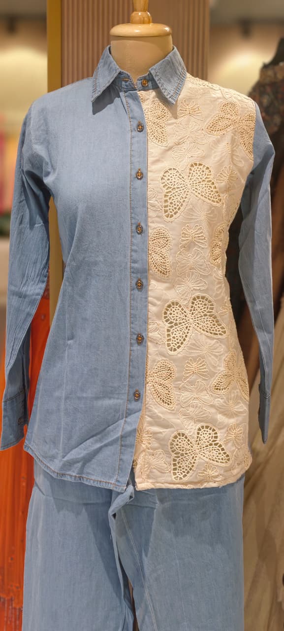 All Over Scattered Butterfly Patch Dual Tone Denim Co-Ord Set-14340 W130