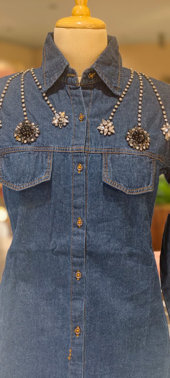 Reinstone Over Pocket & Collar Smart Look Solid Denim Co-Ord Set-14337 W129