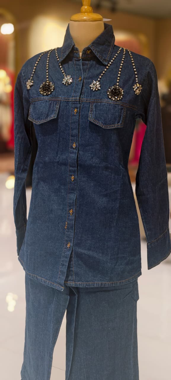 Reinstone Over Pocket & Collar Smart Look Solid Denim Co-Ord Set-14337 W129