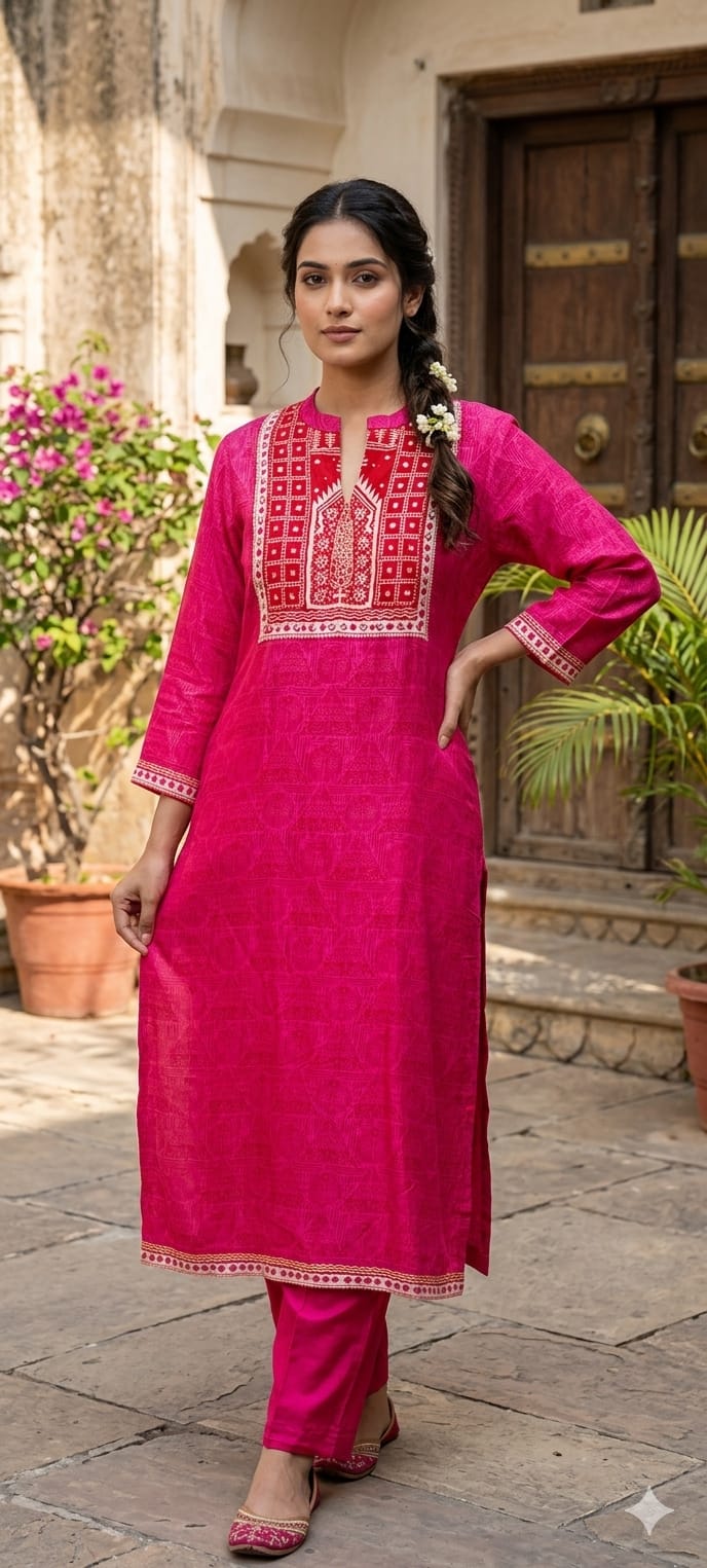 Minimal Printed Yoke Borders Outline Muslin Kurta Pant Set- 14257 W139