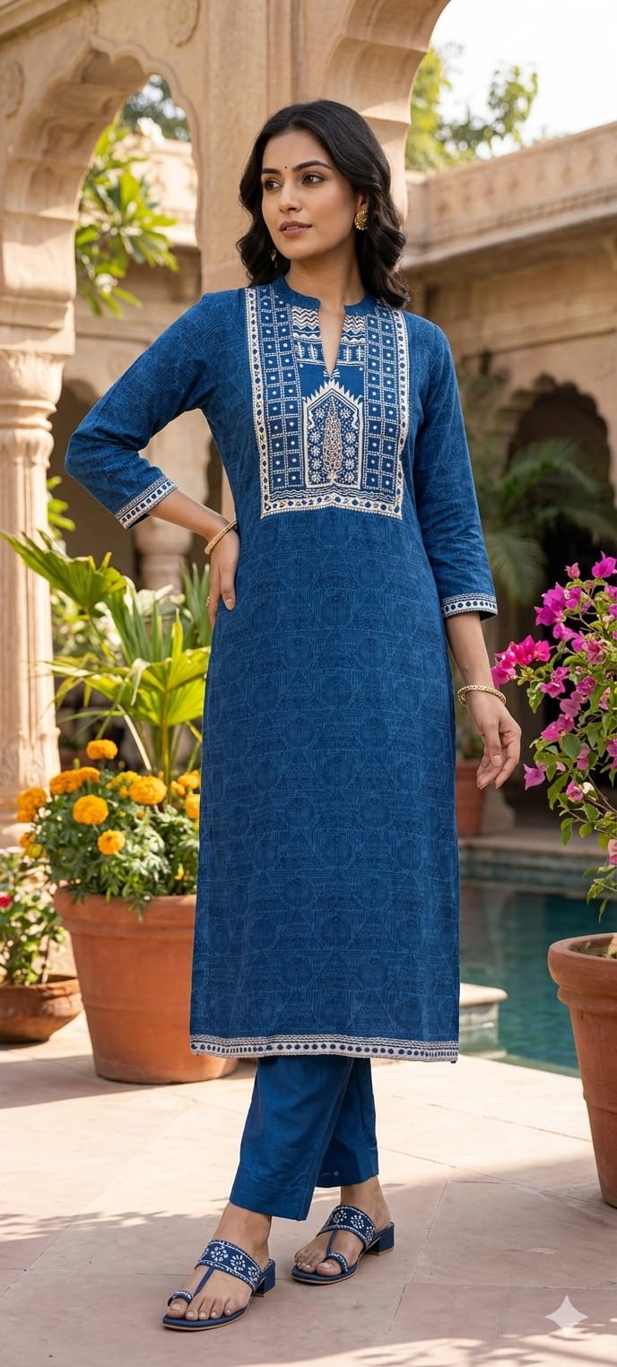 Minimal Printed Yoke Borders Outline Muslin Kurta Pant Set- 14257 W139
