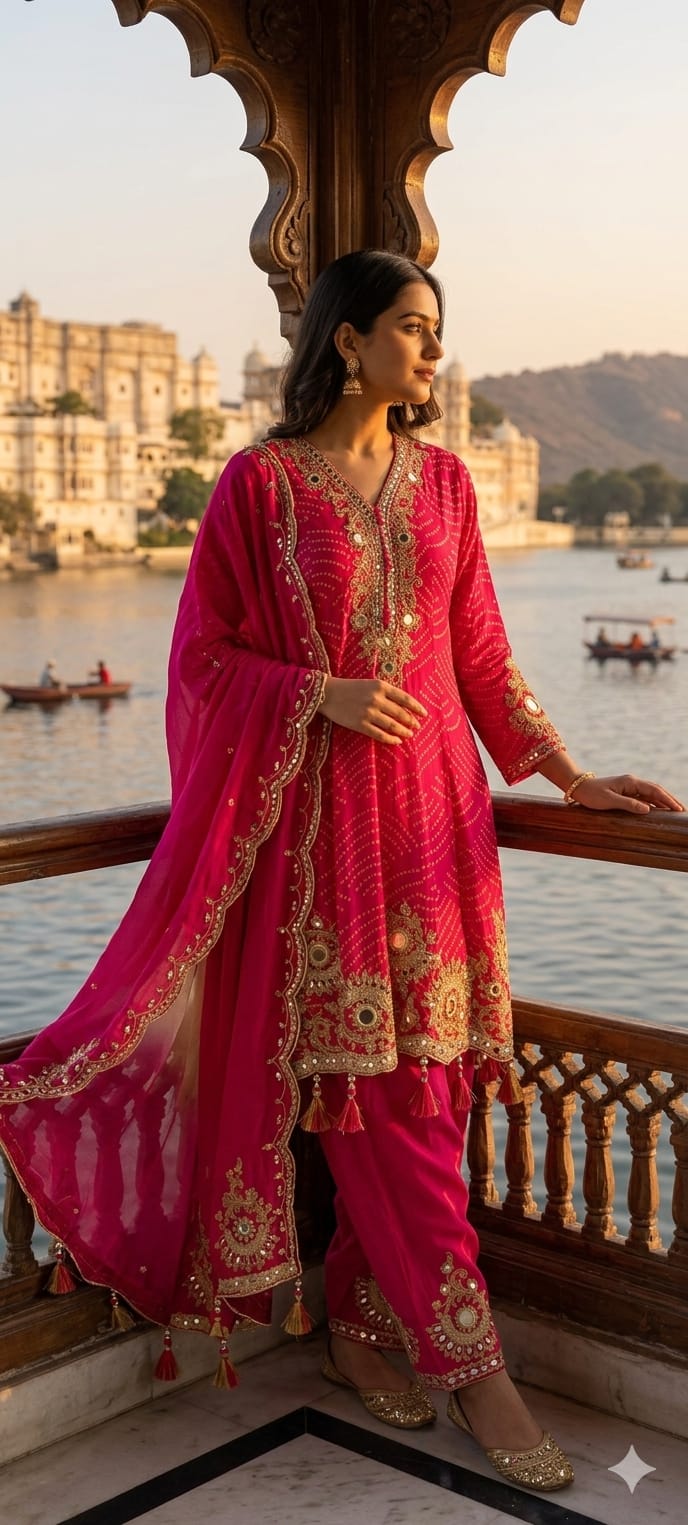 Exquisite Bandhani Crepe Farsi Salwar Kameez Set with Intricate Mirror Work, Zari Embroidery, and Matching Dupatta- 14395