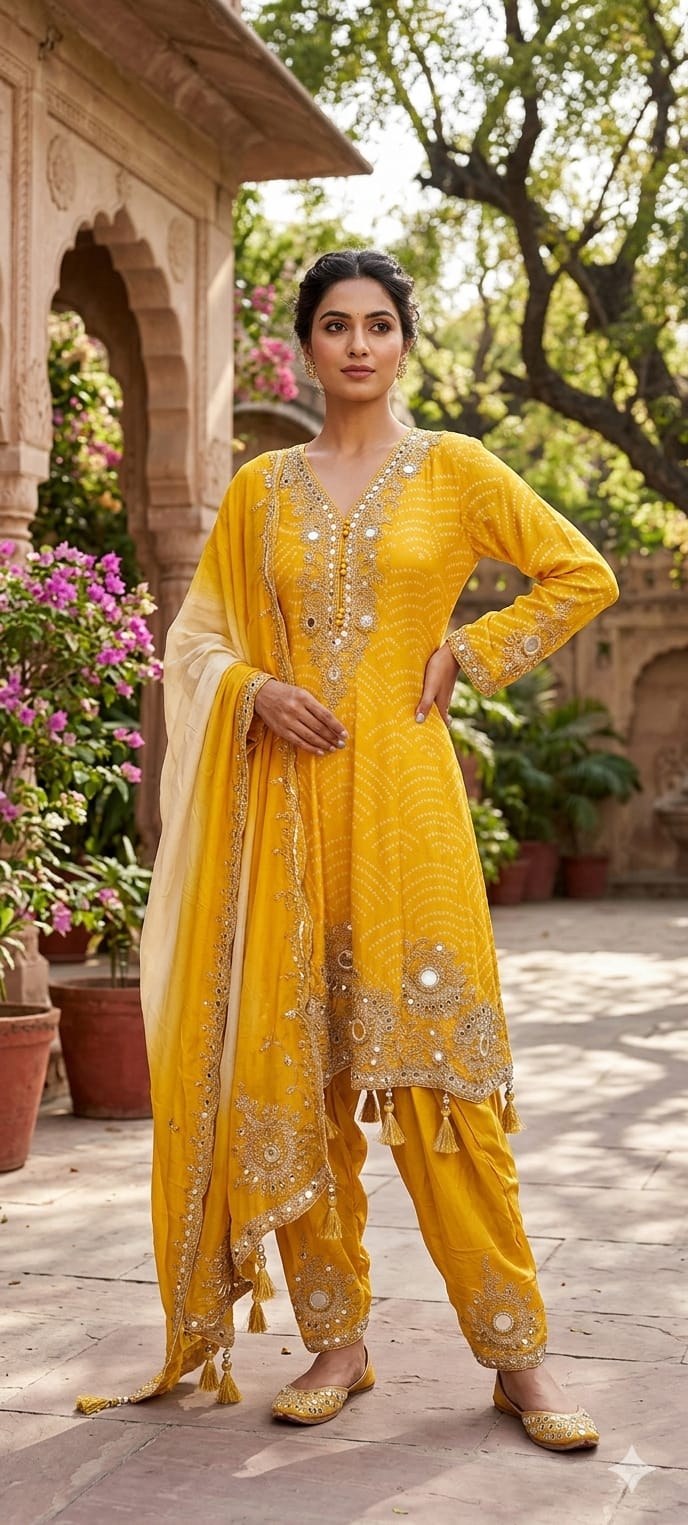 Exquisite Bandhani Crepe Farsi Salwar Kameez Set with Intricate Mirror Work, Zari Embroidery, and Matching Dupatta- 14395